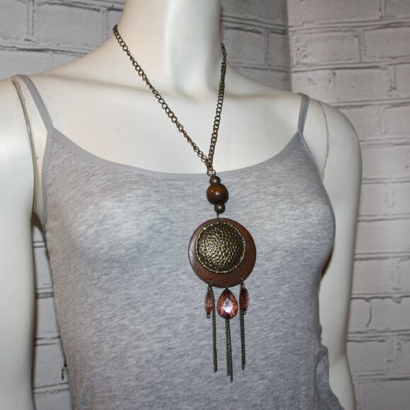 Beautiful bronze and wooden pendant statement necklace 22" - Picture 1 of 3